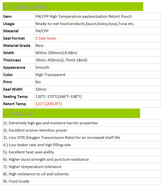 PA/CPP Food Vacuum Retorting Pouch