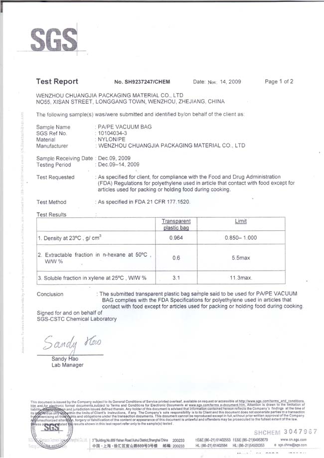 Transparent PA PE Plastic Food Packaging Bag