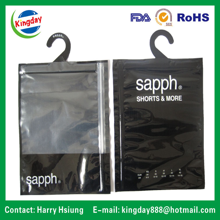 Standup Ziplock/Zipper Bag for Underwear & Garment with Plastic Hook/Hanging Hole, Foldable Zipper Pouch